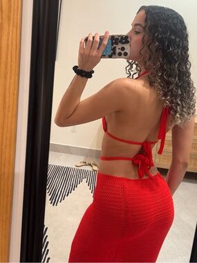 SHEIN Red Crochet Halter Cutout Midi Dress
